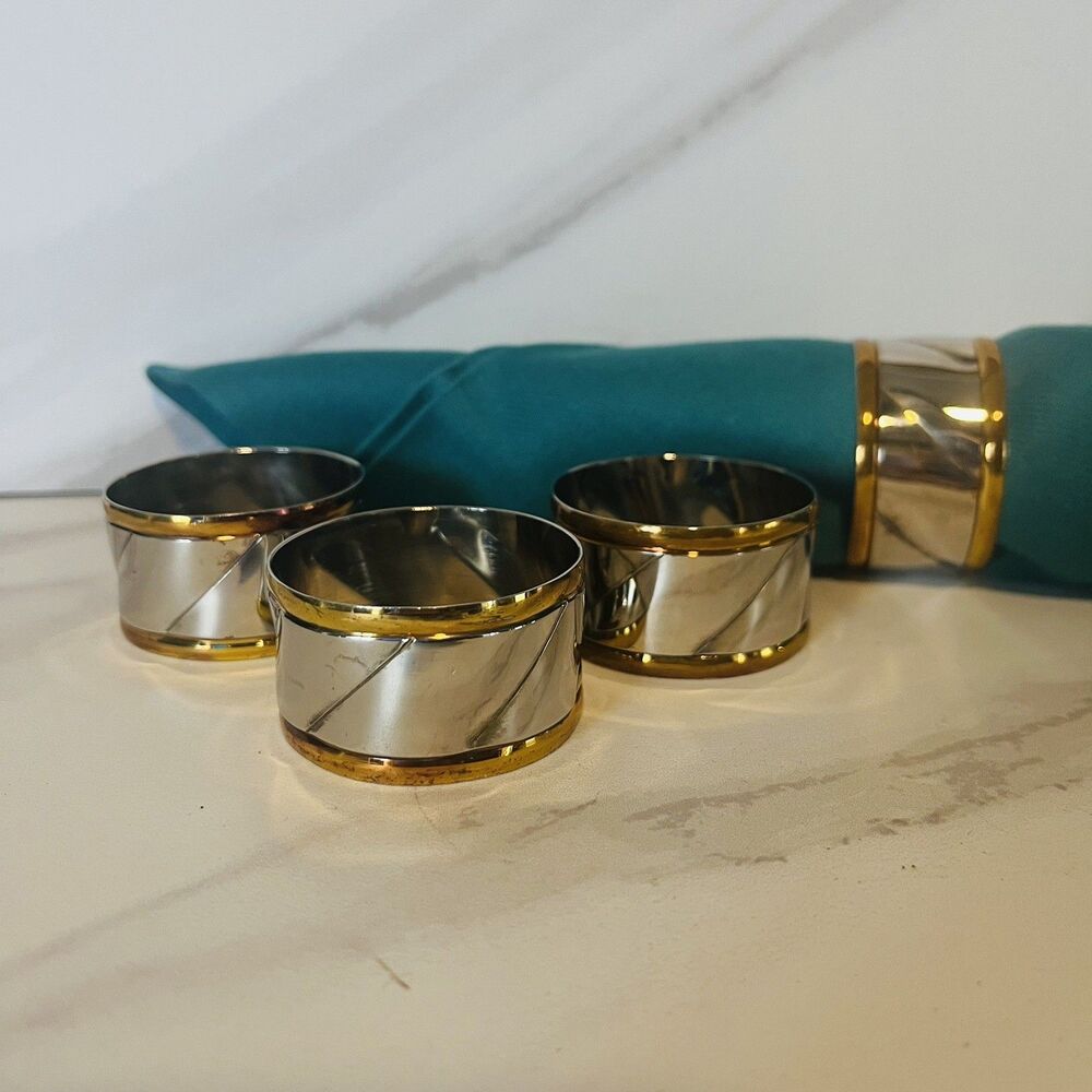 Silverplate Brass Edge RoundNapkin Rings Set of 4 MCM Classic Table Decor